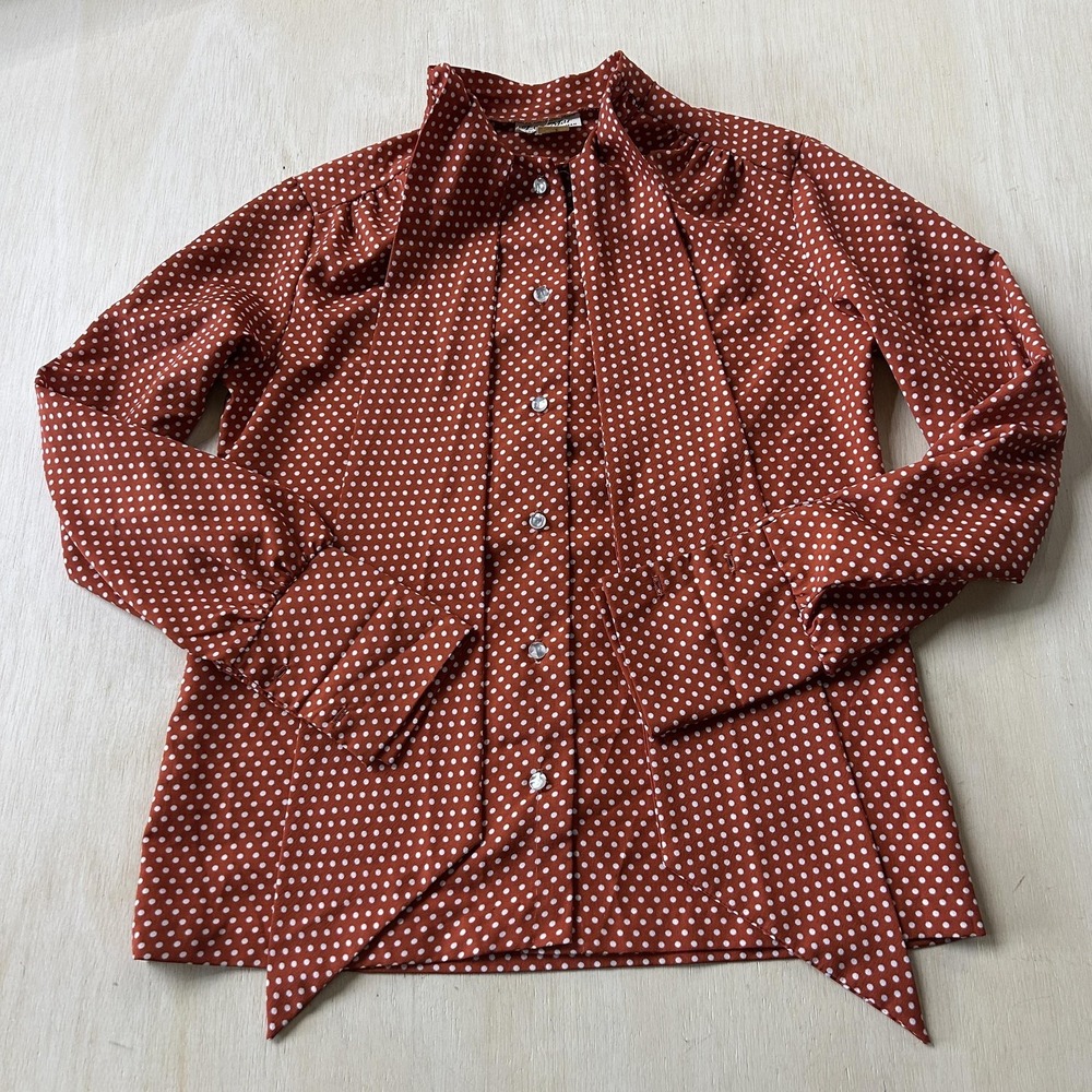 Vintage 70s Lee Mar Blouse Womens 12 Orange Polka Dot Bow Collar Long Sleeve Top
